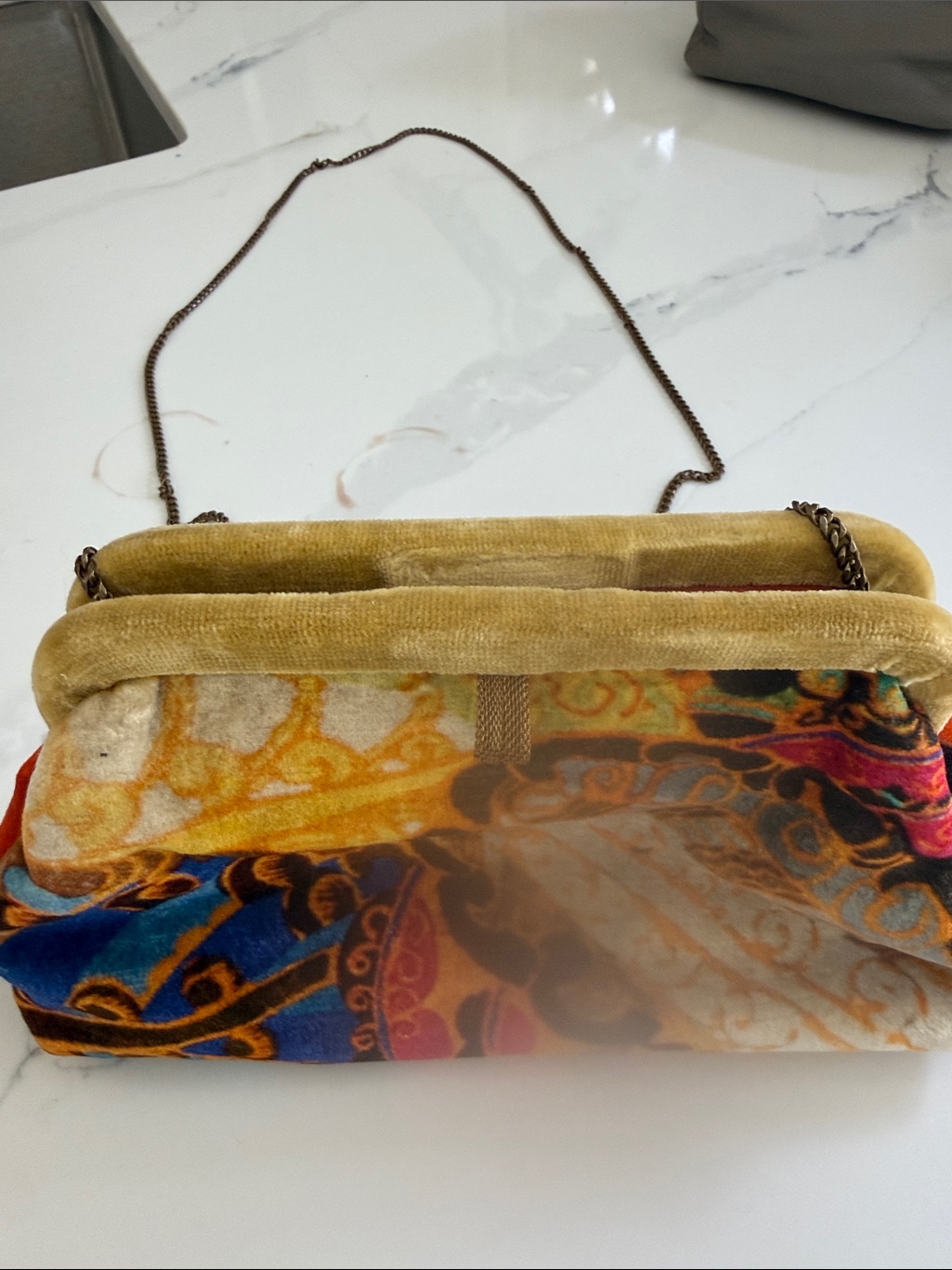 Multicolor Velvet Pattern Chain Clutch With Yellow Trim